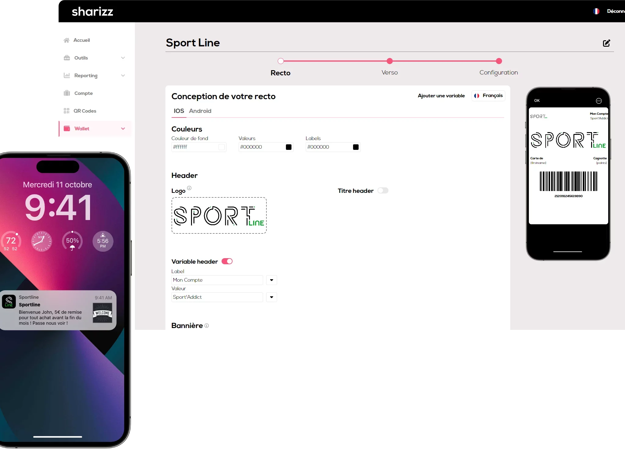 Plateforme wallet Sharizz et notification